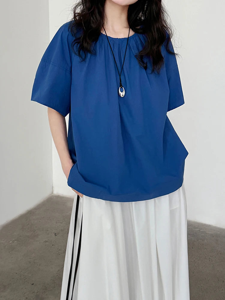 Women Blue Back Hollow Out Bandage Big Size  Blouse New Round Neck Short Sleeve Shirt Fashion Spring Summer 2025 1DJ1082