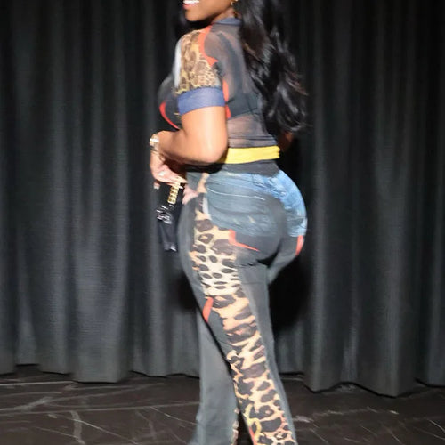 Load image into Gallery viewer, Skinny Women 2 Piece Set See Through Leopard Print Sexy Shorts Sleeve Crop Tops+Flare Pants Matching Clubwear Outfits
