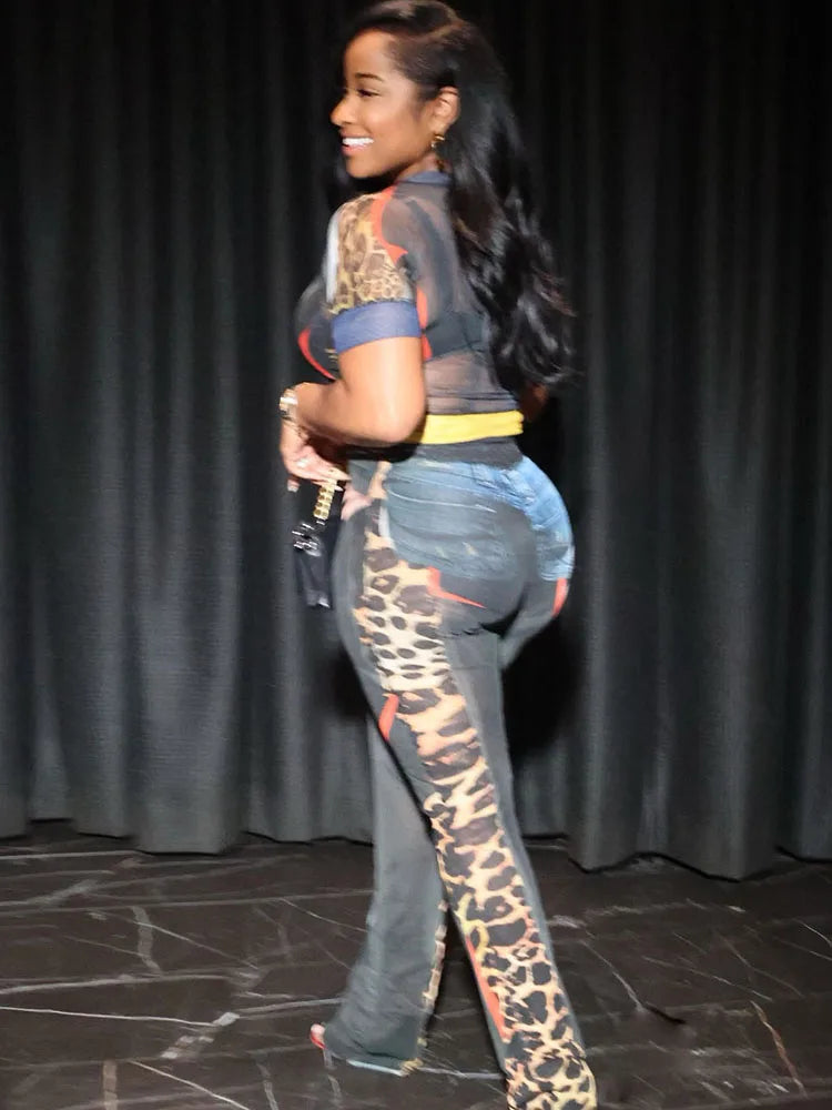 Skinny Women 2 Piece Set See Through Leopard Print Sexy Shorts Sleeve Crop Tops+Flare Pants Matching Clubwear Outfits