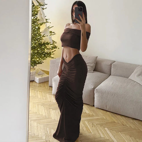Load image into Gallery viewer, Sexy Skirt Two Peces Sets Women Elegant Off-shoulder Slim Fit Crop Top And Bodycon Skirt Two Peces Sets Ladies Outfits
