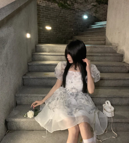 A-line Organza Dresses Female Square Collar Puff Sleeve Robe Femme Slim Waist Sweet Mini Dress Summer Korean Vestido