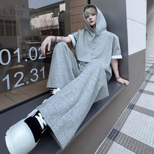 Load image into Gallery viewer, Men's Summer Two-piece Suit Hooded Contrast Color Short Sleeve Sweatshirts Casual Male Elastic Waist Pants Men Set 9W1507
