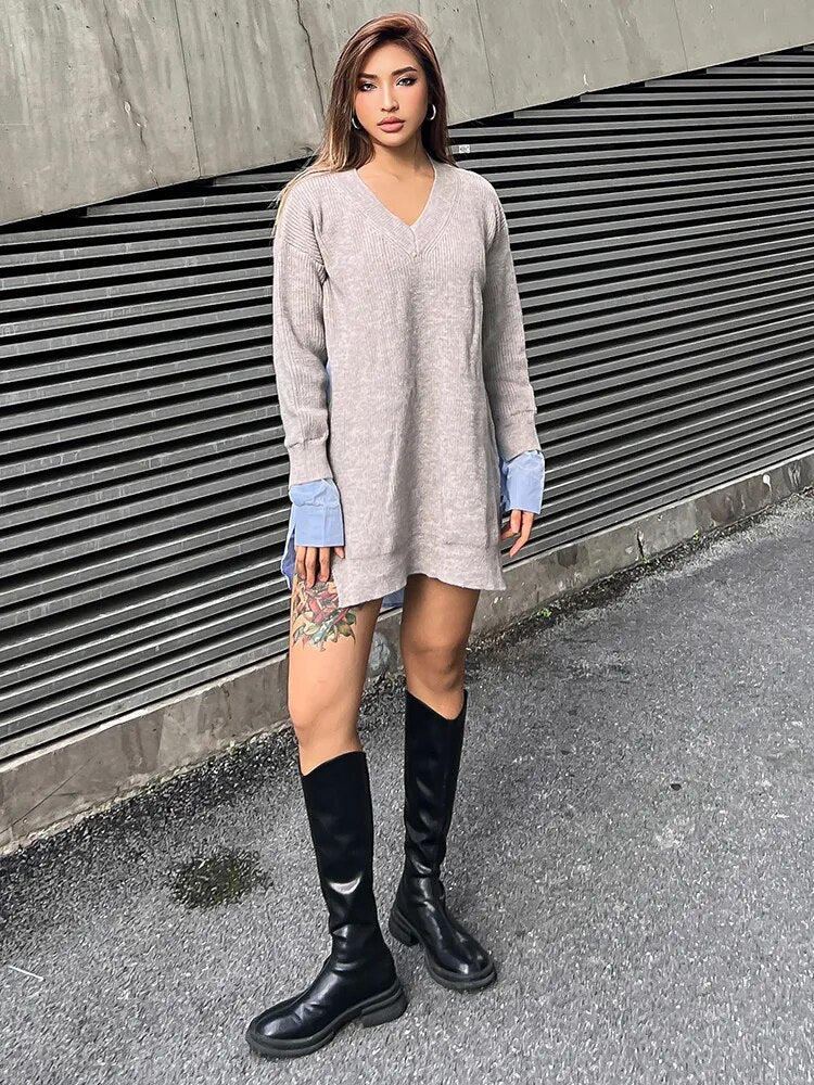 Patchwork Colorblock Sweater For Women V Neck Long Sleeve Loose Straight Knitting Pullover Female Fashion Clothing