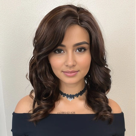Long Brown Wigs Women Synthetic Hair Replacement Casual Wig with Side Bangs Scalp Design Hairline Mommy Wig Soft Costume Party