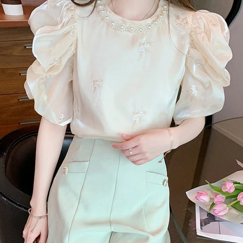 Load image into Gallery viewer, Pearl O-neck Apricot Embroidery Female Blouses Summer Puff Sleeve Elegant Women&#39;s Blouse French Style Chic Office Ladies
