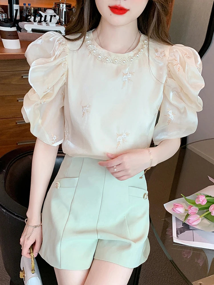 Pearl O-neck Apricot Embroidery Female Blouses Summer Puff Sleeve Elegant Women's Blouse French Style Chic Office Ladies