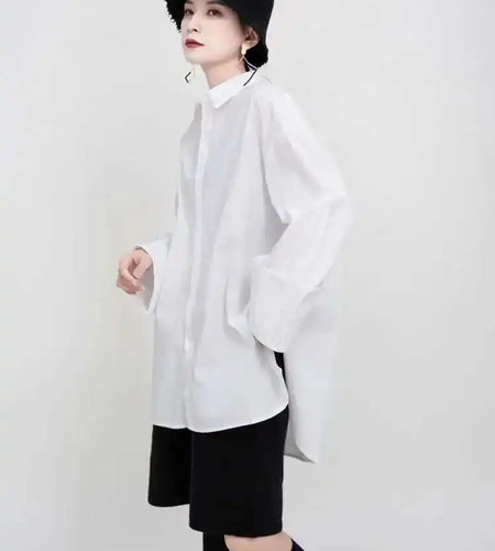Women White Vintage Big Size Casual  Blouse New Lapel Long Sleeve Loose Fit Shirt Fashion Tide Spring Autumn 2025 1DF4853