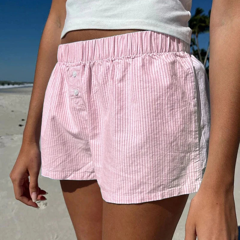 Casual Stripe Summer Shorts Womem Buttons Korean Fashion y2k Clothes Shortpants Homwear Bottoms Basic Shorts Trousers