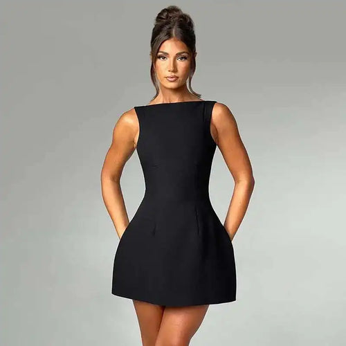Load image into Gallery viewer, Elegant Backless Mini Tank Dress For Women Fashion Black O Neck Sleeveless Club Party A-line Basics Sexy Dress New
