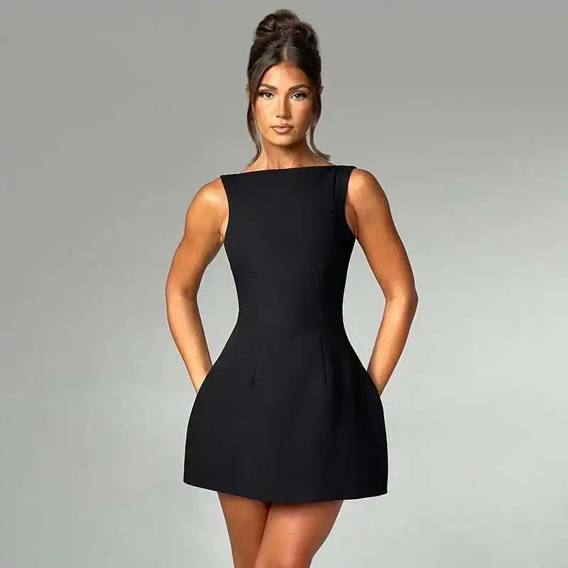 Elegant Backless Mini Tank Dress For Women Fashion Black O Neck Sleeveless Club Party A-line Basics Sexy Dress New
