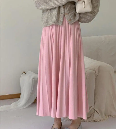 Korean Fashion Solid Sweet Elegant Knit Party Long Skirts Autumn Winter Women Pleated A-line High Waist Fairy Umbrella Skirt New