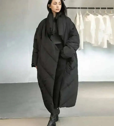 Loose Fit Black Long Down Jacket New Stand Collar Long Sleeve Warm Women Parkas Fashion Tide Autumn Winter 2025 1DD1640