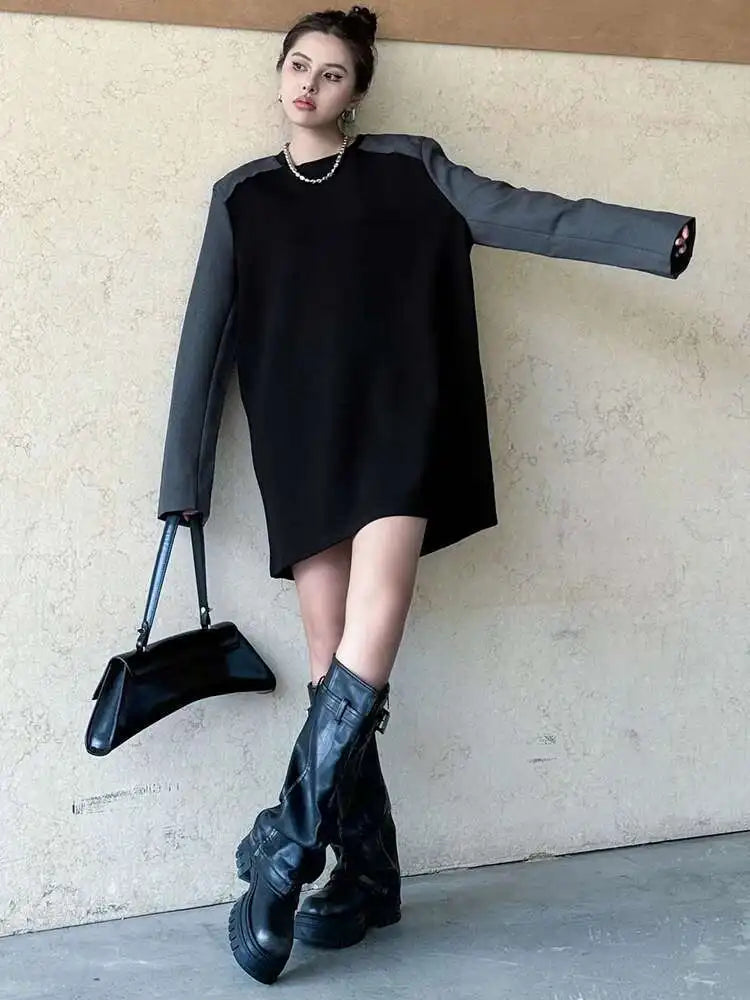 Women Black Color-block Blazer Fabric Elegant Mini Dress New Round Neck Long Sleeve Fashion Spring Autumn 2025 1DH9822