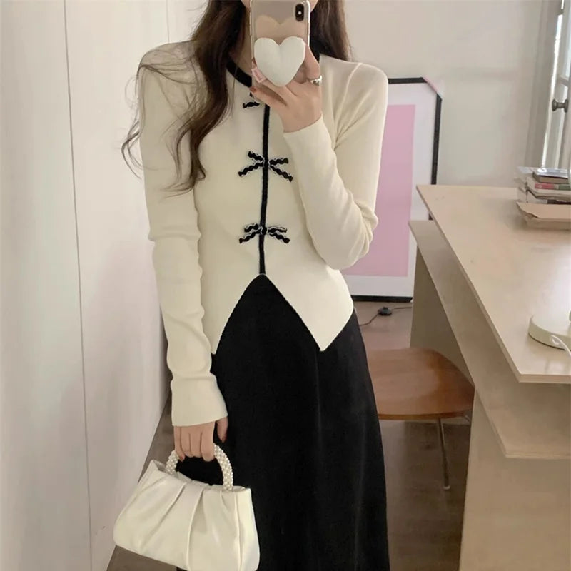 y2k Crop Top Women Fairycore Clothing Round Neck Long Sleeve T Shirt with Bow Decor 2000s Aesthetic Clothes Streetwear