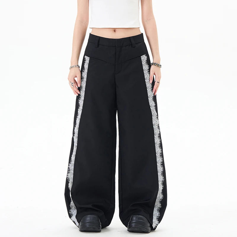 Men's Suit Pants Spliced Lace Edge Design Solid Color Simple Trendy Straight Wide Leg Stylish Male Summer Clothing 9W1961