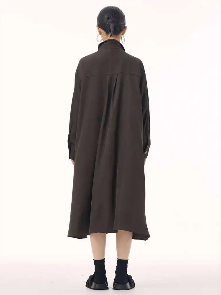 Women Army Green Patch Drawstring Big Size Midi Dress New Stand Collar Long Sleeve Fashion Tide Spring Autumn 2025 1DH9211