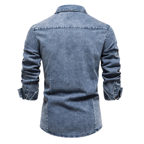 Load image into Gallery viewer, Cotton Men Denim Shirts Double Pocket Solid Color Casual Male Cowboy Shirts New Autumn Slim Quality Shirts for Men
