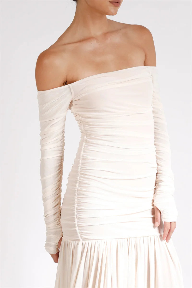 Off-shoulder Strapless Sexy Maxi Dress Women Summer New Patchwork Backless Long Sleeve Pleated Long Dress Elegant