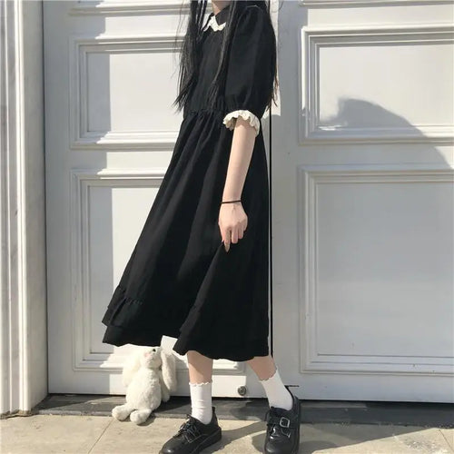 Load image into Gallery viewer, Autumn Black Kawaii Lolita Style Dress Mori Girl Fairy Cute Lolita Peter Pan Collar Puff Sleeve Dress Fashion Women
