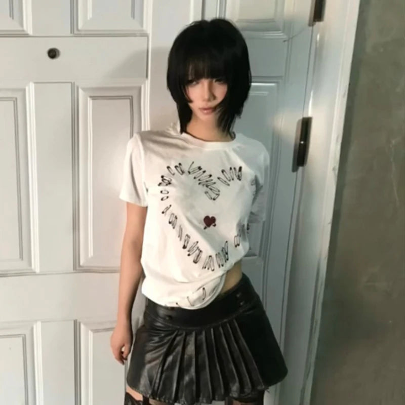 Japanese Y2k Heart print T-shirt Trashy 2000s Style Short Sleeve Tee Shirt Vintage Harajuku Streetwear Grunge Aesthetics