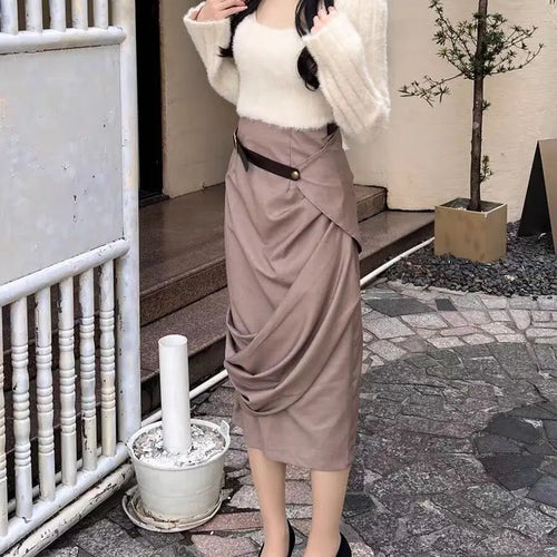 Load image into Gallery viewer, Hit Color Spliced Belt Asymmetrical Temperament Skirt For Women High Waist Patchwork Folds Casual Skirt Female New
