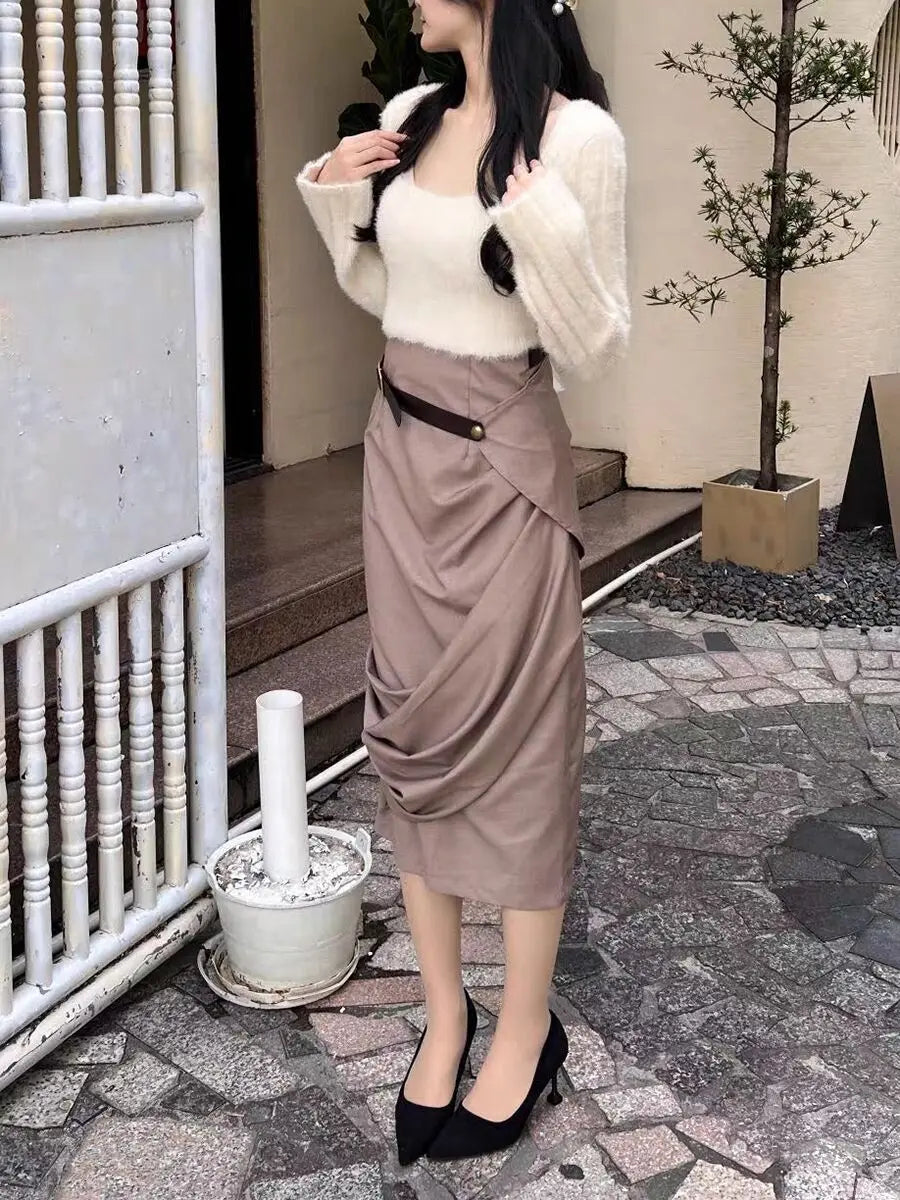 Hit Color Spliced Belt Asymmetrical Temperament Skirt For Women High Waist Patchwork Folds Casual Skirt Female New