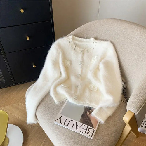 Load image into Gallery viewer, Autumn Winter Sweet Vintage Black White Pearl Knitted Cardigan Top French Fashion Women Single Breasted Long Sleeve Mink Sweater
