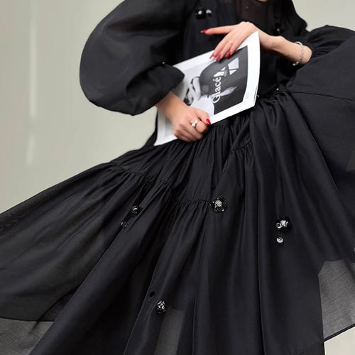 Load image into Gallery viewer, Solid Spliced Sequines Loose Dresses For Women O Neck Long Sleeve High Waist Temperament Dress Female Fashion New
