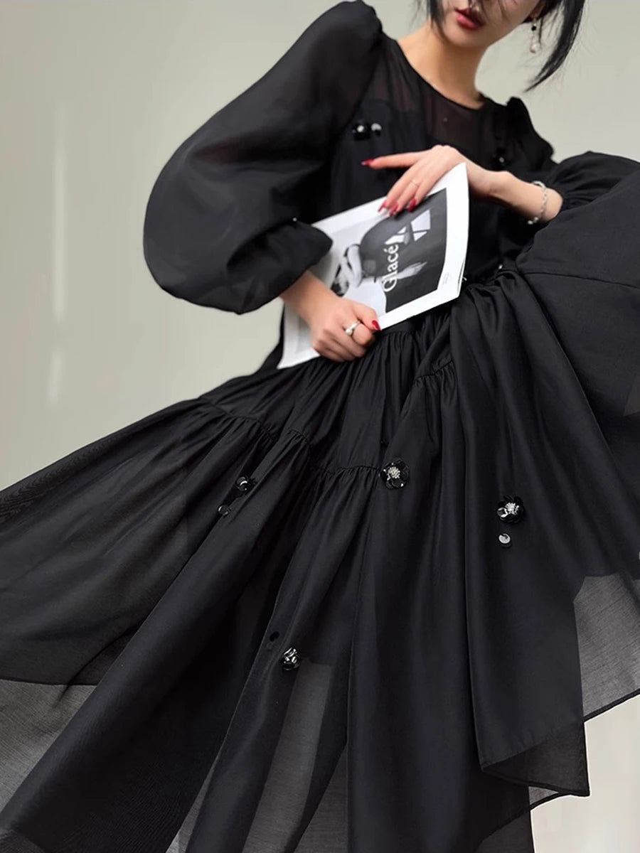 Solid Spliced Sequines Loose Dresses For Women O Neck Long Sleeve High Waist Temperament Dress Female Fashion New