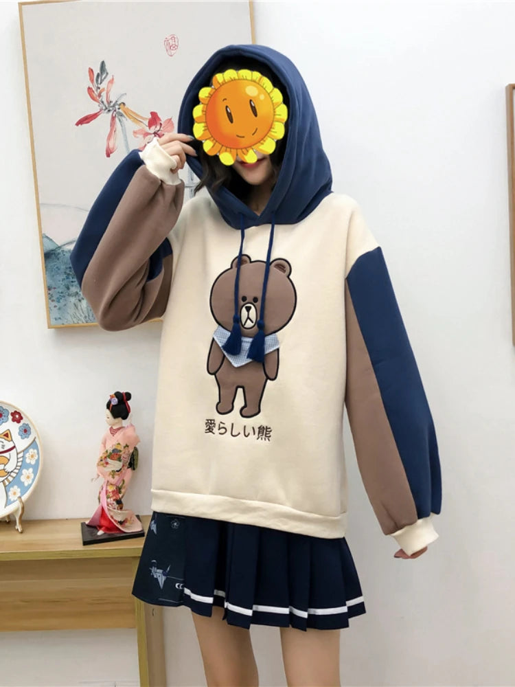 Merry Pretty Women Harajuku Cartoon Bear Embroidery Hooded Sweatshirts Winter Plus Velvet Cute Hoodies Sweatshirt Tracksuit