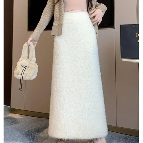 Load image into Gallery viewer, Autumn Winter 2024 New Black White Elegant Mink Long Skirt French Women Brown Elastic High Waist Vacation Party Knit Skirt Trend

