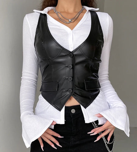 y2k PU Leather Vest Vintage Aesthetic Women V Neck Sleeveless Button Tank Tops 2000s Dark Academia Tshirt Waistcoat