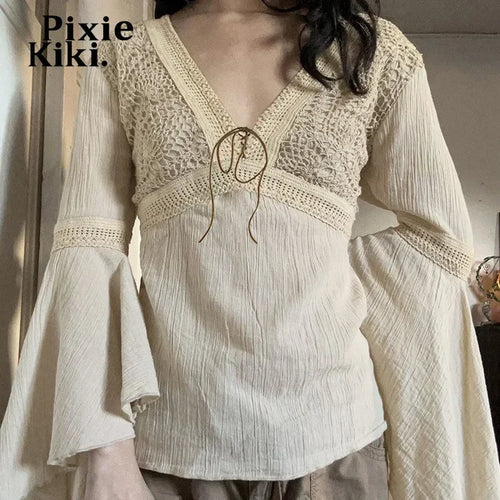 Load image into Gallery viewer, Fairy Gurnge Y2k Western Shirts Woman Flared Long Sleeve V Neck Tops Vintage Boho Earthy Hippie Clothes P67-DC15
