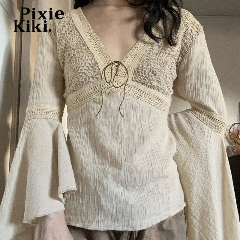 Fairy Gurnge Y2k Western Shirts Woman Flared Long Sleeve V Neck Tops Vintage Boho Earthy Hippie Clothes P67-DC15