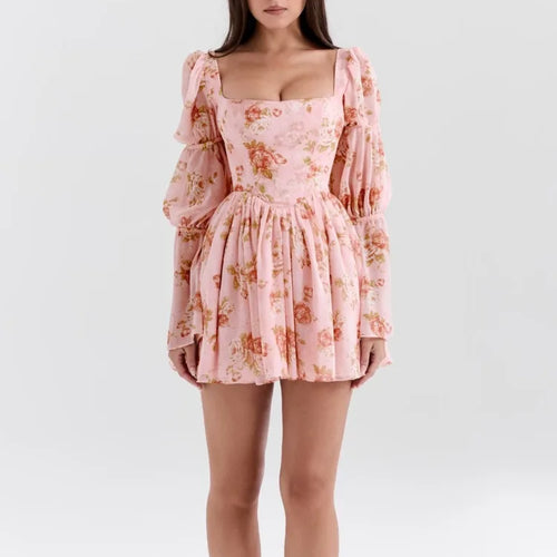 Load image into Gallery viewer, Elegant Horn Long Sleeve Bodycon Printed Short Skirt Female Sexy Square Neck Slim Female Dress Party Club Evening Dress
