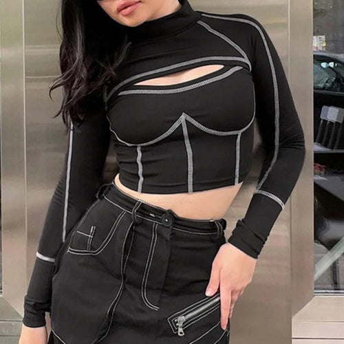 Load image into Gallery viewer, Streetwear Stripe Stitch Fitness Crop Top Autumn Tee Shirts Women Cut Out Sporty Stand Collar Moto&amp;Biker Style Tshirt
