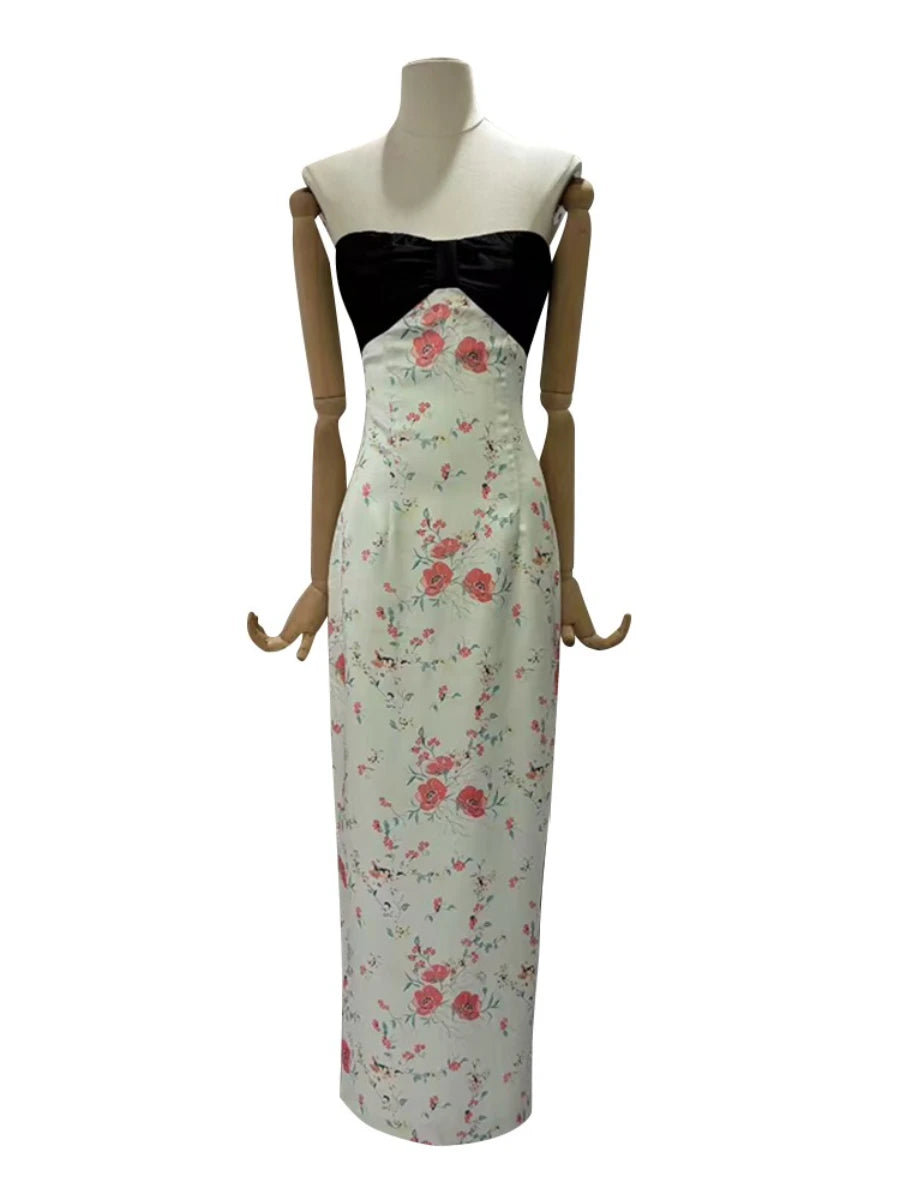 Hit Color Printing Spliced Bowknot Dresses for Women Strapless Sleeveless Sexy Dress Female Fashion Clothing New