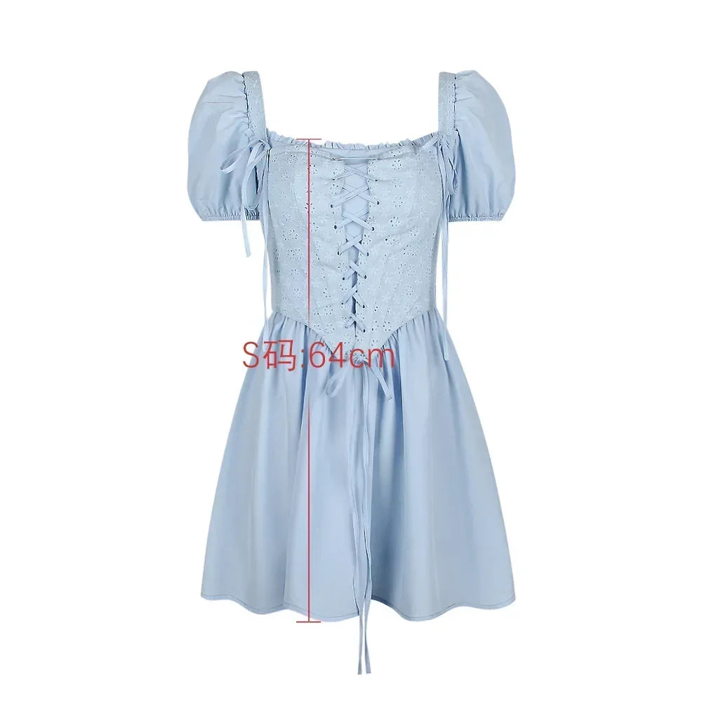 Summer Blue Puff Sleeve Corset Dress Mini Elegant A Line Lace Up Holiday Party Dress Square Neck Women Dress 2023