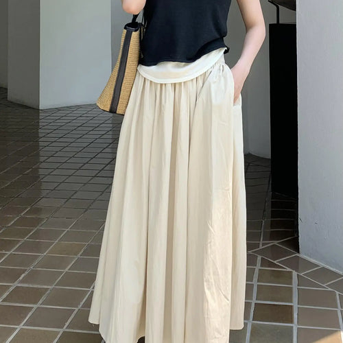 Load image into Gallery viewer, Spring Summer Women Solid Holiday Pleated Half Long Skirts Vintage Elastic High Waist Chic A-line Skirt Simplicity Casual Street
