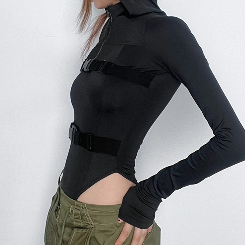 Streetwear Buckle Stitched Fitness Autumn Bodysuit Female Hooded Long Sleeve Zipper Basic Body Catsuit Outfits Romper