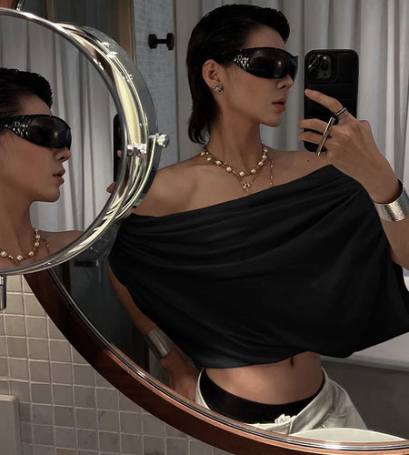 One Shoulder Leisure t-Shirt Women Folds Solid Skinny Loose Summer New Trend Simple Classic Versatile Street Daily Tops