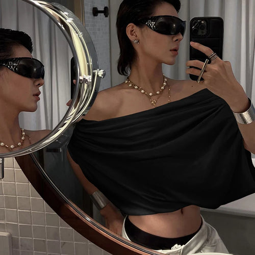 Load image into Gallery viewer, One Shoulder Leisure t-Shirt Women Folds Solid Skinny Loose Summer New Trend Simple Classic Versatile Street Daily Tops
