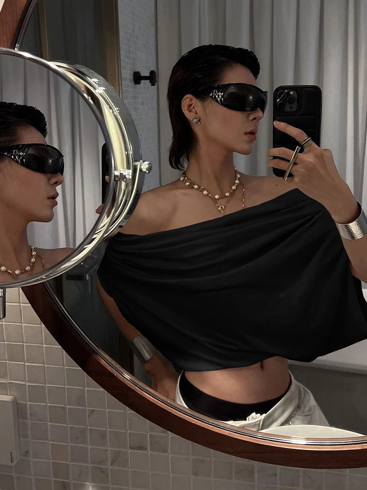 One Shoulder Leisure t-Shirt Women Folds Solid Skinny Loose Summer New Trend Simple Classic Versatile Street Daily Tops