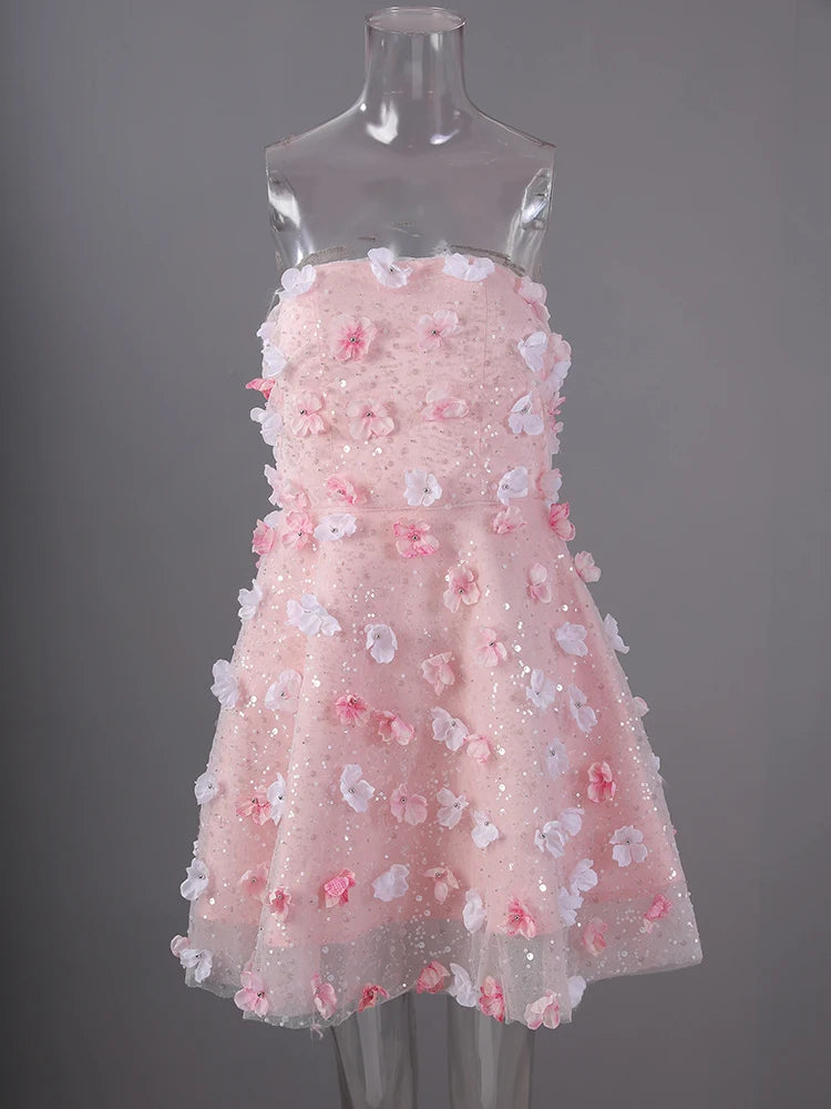 Women Three-dimensional Flower Rhinestones Mini Strapless Dress New Sleeveless Fashion Tide Spring Autumn 2025 CPG2978