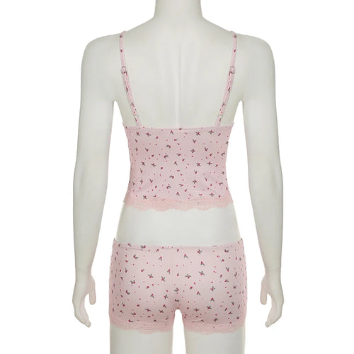 Load image into Gallery viewer, Cute Flowers Printing Summer Set Women Mini Lace Patchwork Trim Cropped Camis And Super Shorts Slimming Outfits 2025
