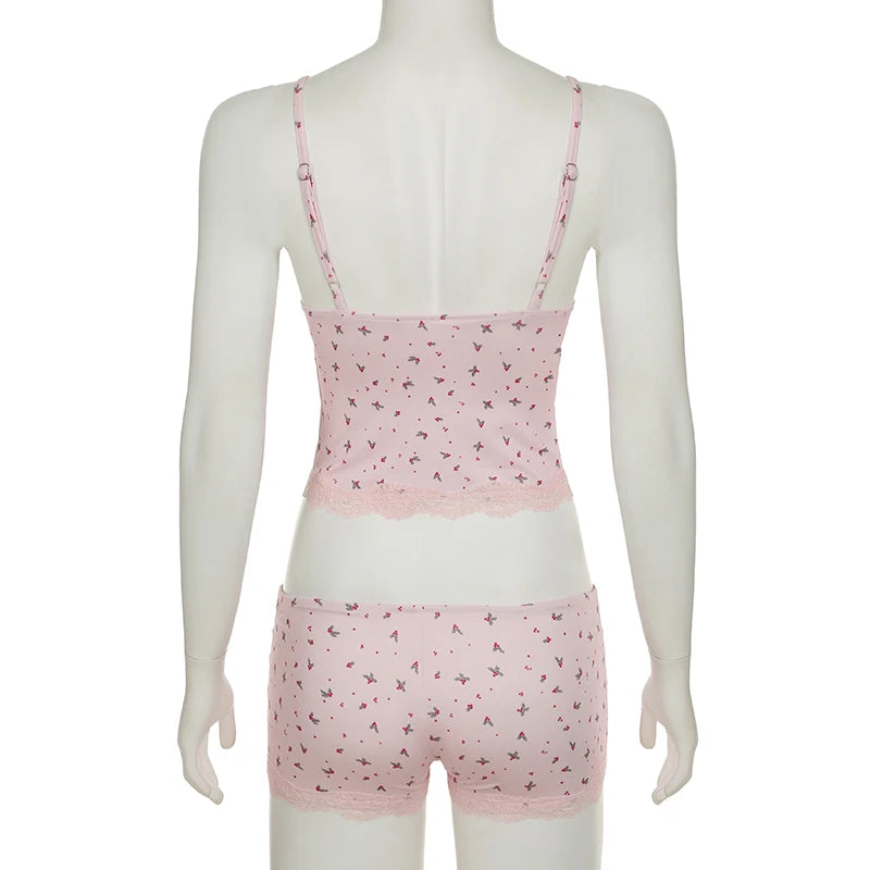 Cute Flowers Printing Summer Set Women Mini Lace Patchwork Trim Cropped Camis And Super Shorts Slimming Outfits 2025