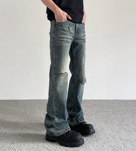 Hole Male Jeans American Stylish Cleanfit Denim Pants New Spring Summer High Street Micro Flared Trendy Toursers 9W1427