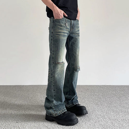 Load image into Gallery viewer, Hole Male Jeans American Stylish Cleanfit Denim Pants New Spring Summer High Street Micro Flared Trendy Toursers 9W1427
