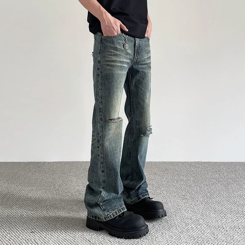 Hole Male Jeans American Stylish Cleanfit Denim Pants New Spring Summer High Street Micro Flared Trendy Toursers 9W1427