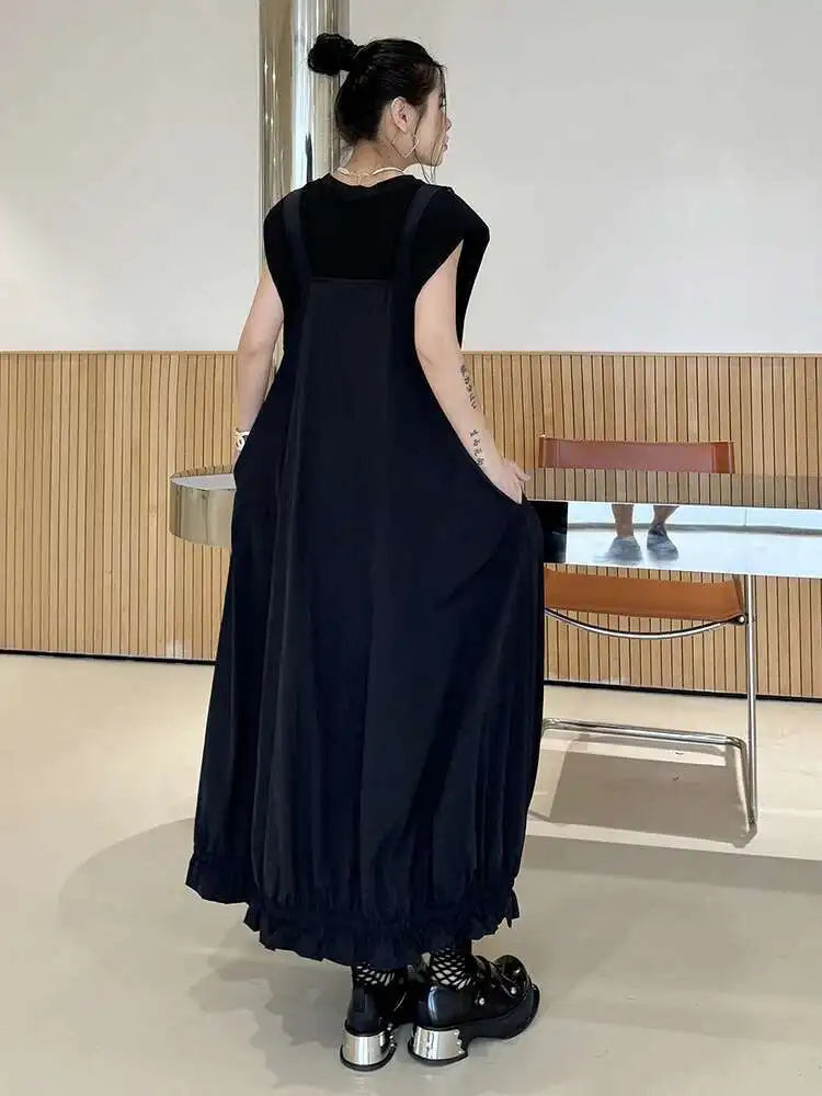 Women Green Pleated Pocket Big Size Strap Dress New Square Collar Sleeveless Fashion Tide Spring Autumn 2025 1DH6067